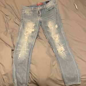 Straight leg, paint splatter ripped jeans.